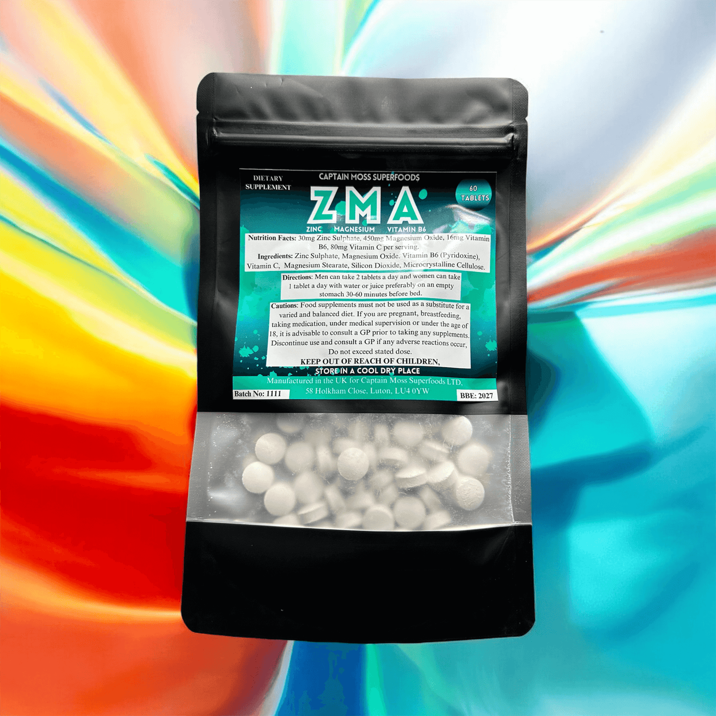 ZMA Complex dietary supplement packaging featuring Zinc, Magnesium, and Vitamin B6 tablets on a colorful background.