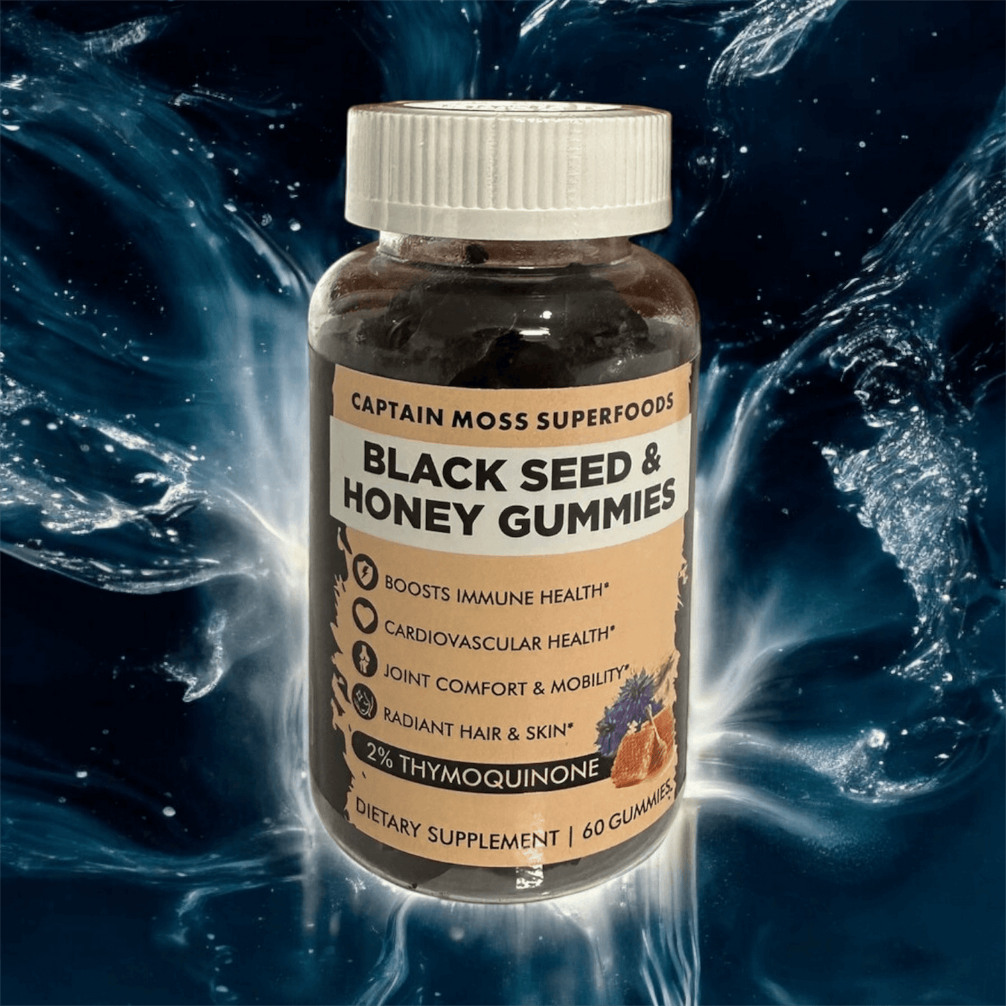 Premium Black Seed & Honey Gummies bottle with benefits listed in a cosmic background, 60 vegan dietary gummies.