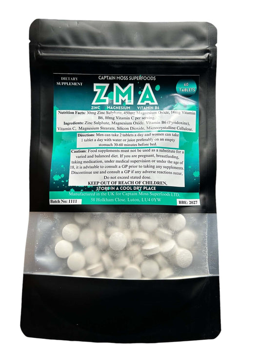 ZMA Complex supplement package featuring Zinc, Magnesium, and Vitamin B6 tablets for strength and stamina support.