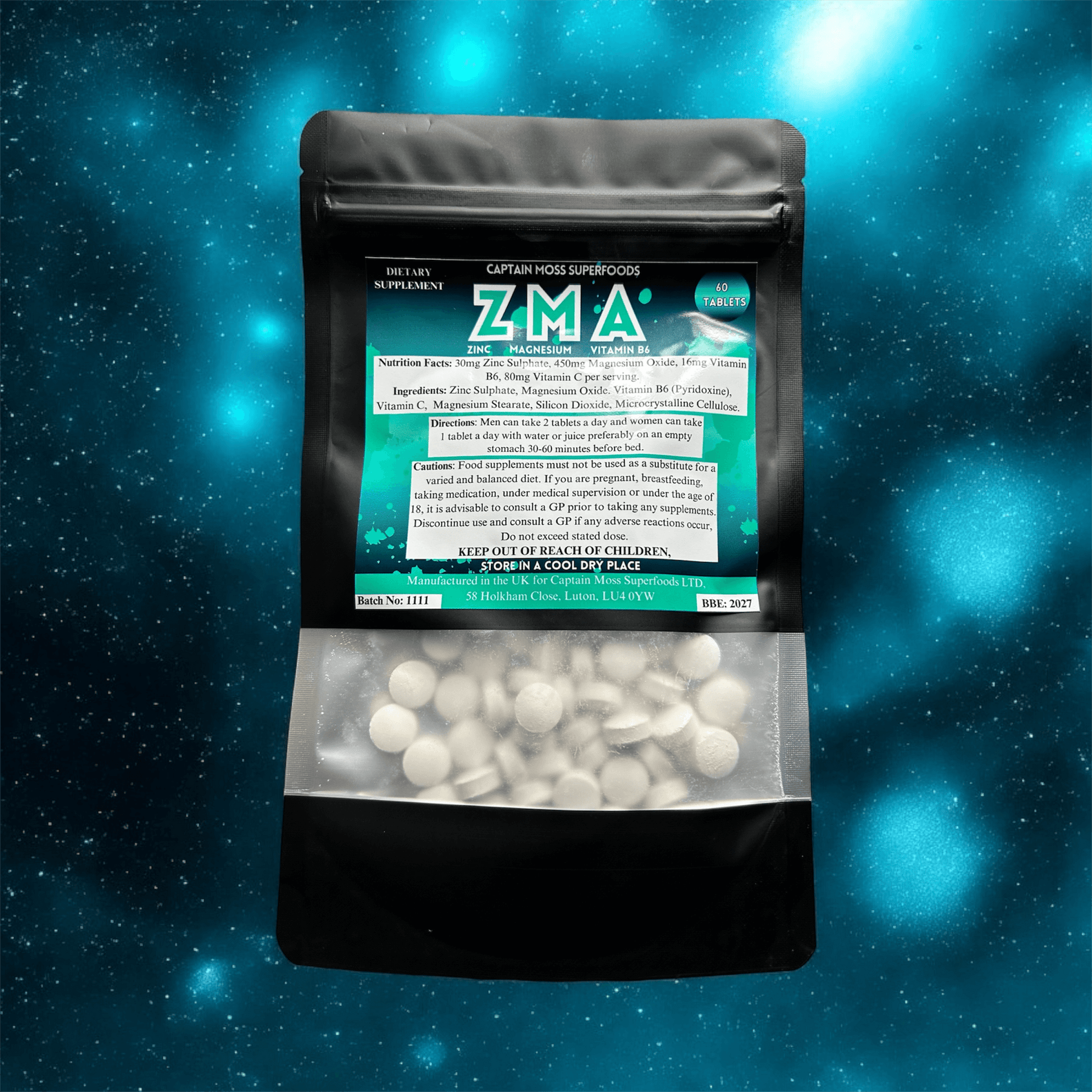 ZMA complex supplement package featuring Zinc, Magnesium, Vitamin B6 tablets with nutritional information on a cosmic background.