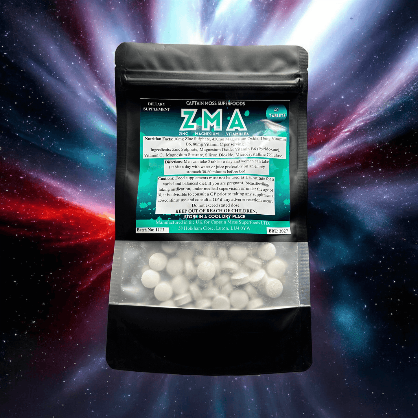 ZMA Complex supplement package containing zinc, magnesium, and vitamin B6 tablets against a cosmic background.