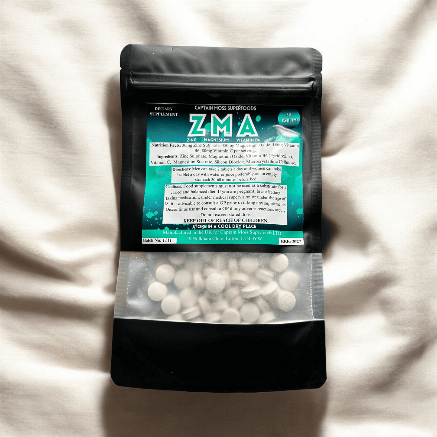 ZMA Complex supplement packaging featuring Zinc, Magnesium, and Vitamin B6 tablets for strength and stamina.