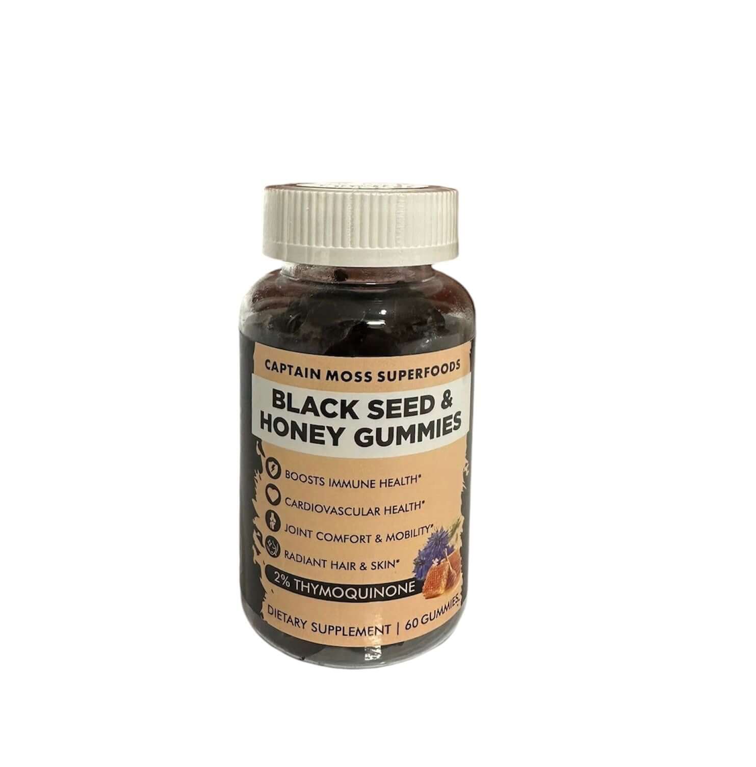 Premium Black Seed & Honey Gummies in a bottle, 60-count, dietary supplement for immune and cardiovascular health.